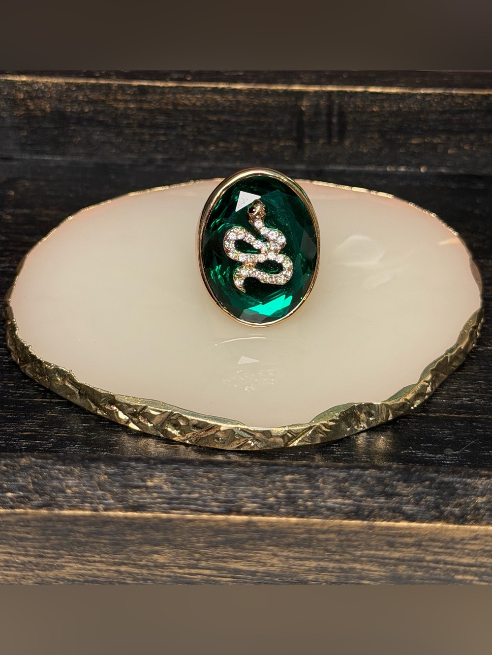 Aldo Emerald Green Crystal Ring with Pave Snake Accent